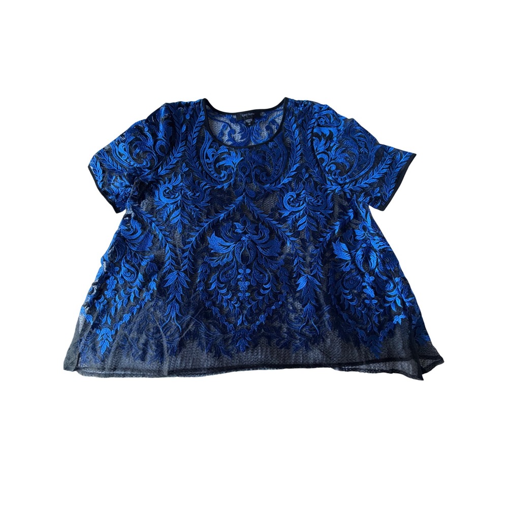 Karen Kane Womens Blue Black Embroidered Sheer Mesh Blouse Short Sleeve Medium